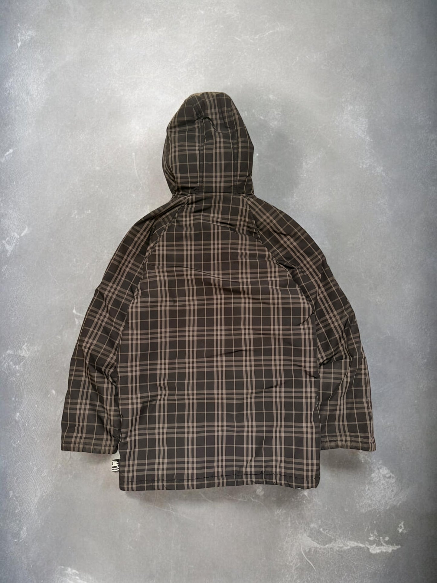 Vintage Burberry Blue Label Plaid Grey Fur Down Jacket