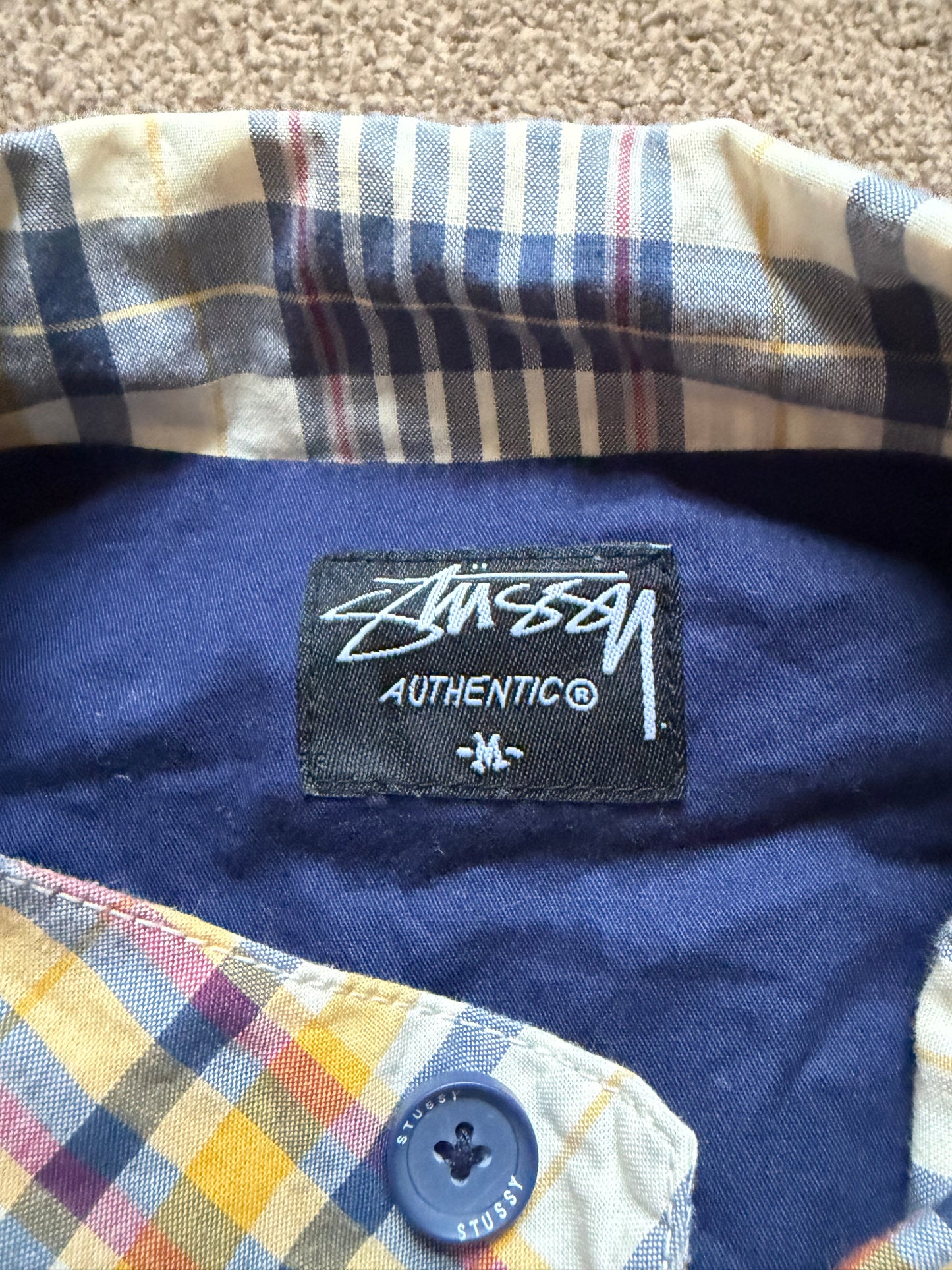 Vintage Stussy Plaid Yellow, Navy & White Long Sleeve Shirt