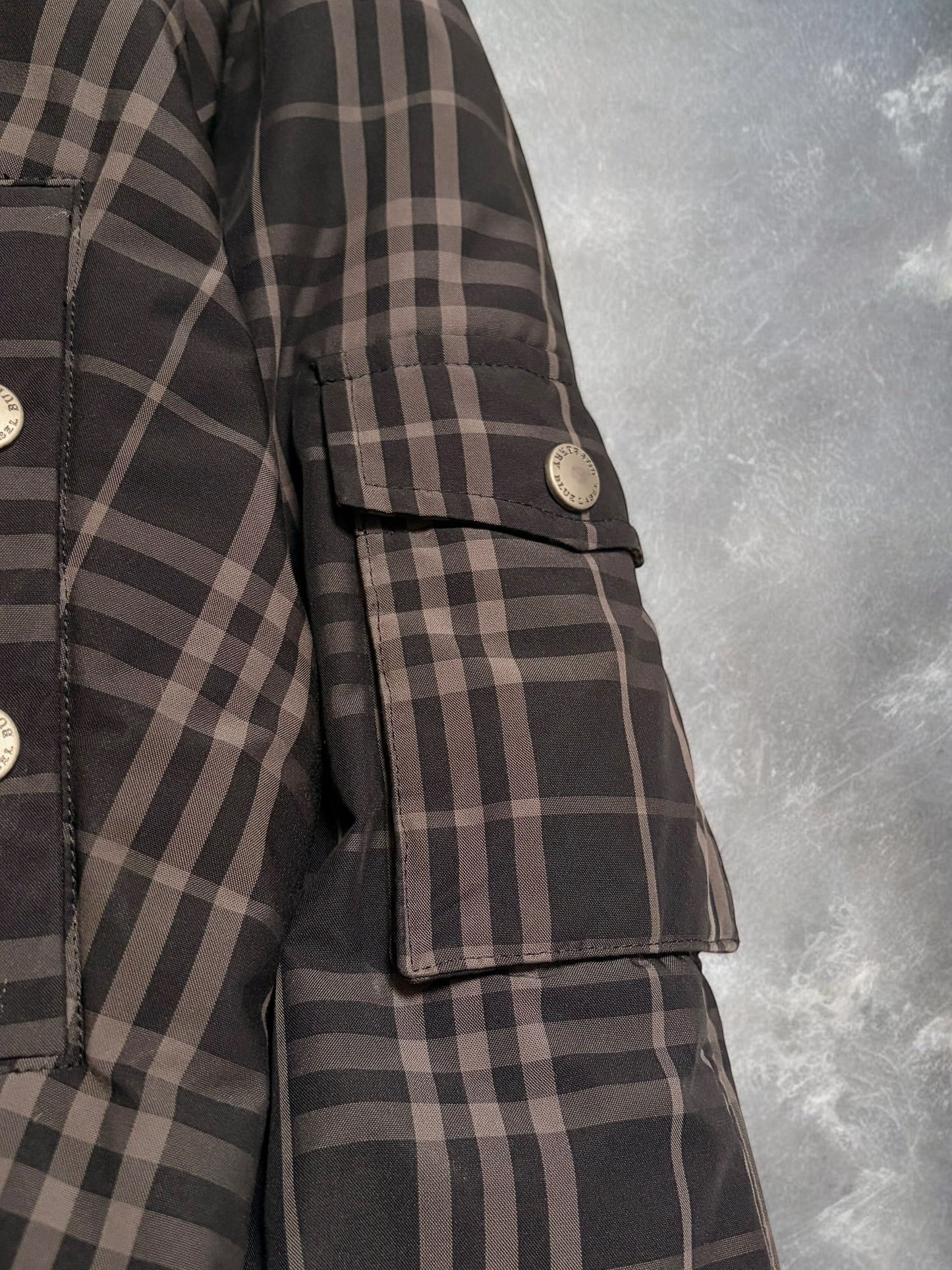 Vintage Burberry Blue Label Plaid Grey Fur Down Jacket
