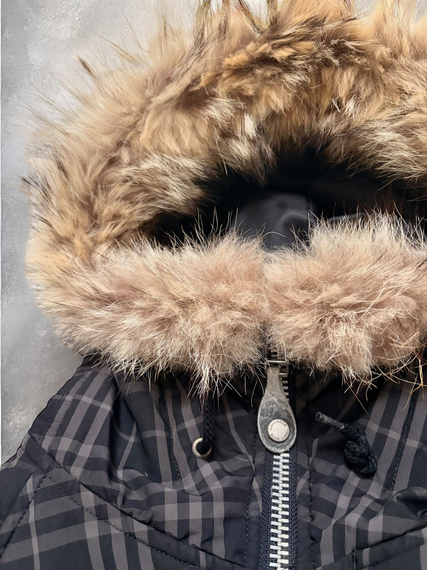 Vintage Burberry Blue Label Plaid Grey Fur Down Jacket