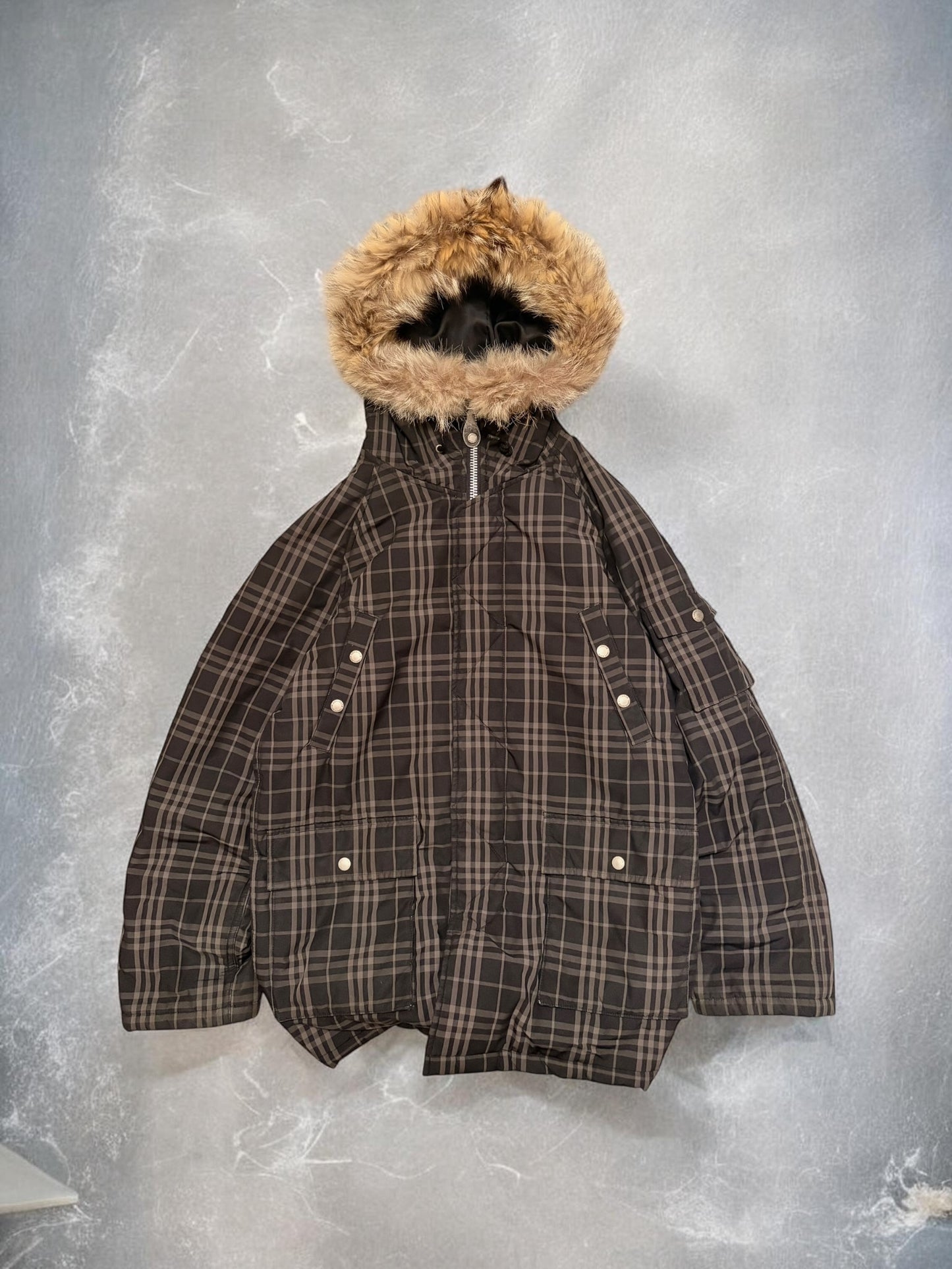 Vintage Burberry Blue Label Plaid Grey Fur Down Jacket