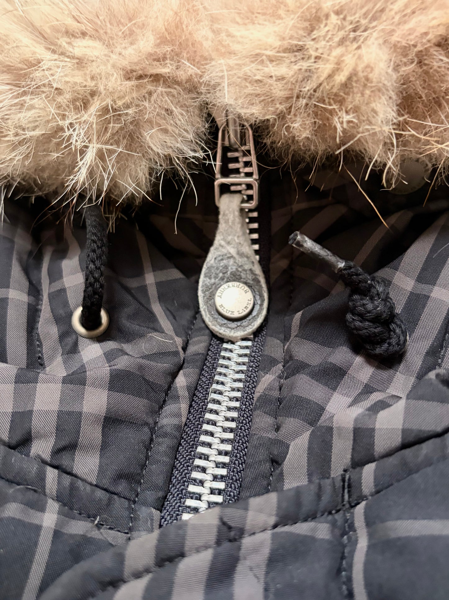 Vintage Burberry Blue Label Plaid Grey Fur Down Jacket