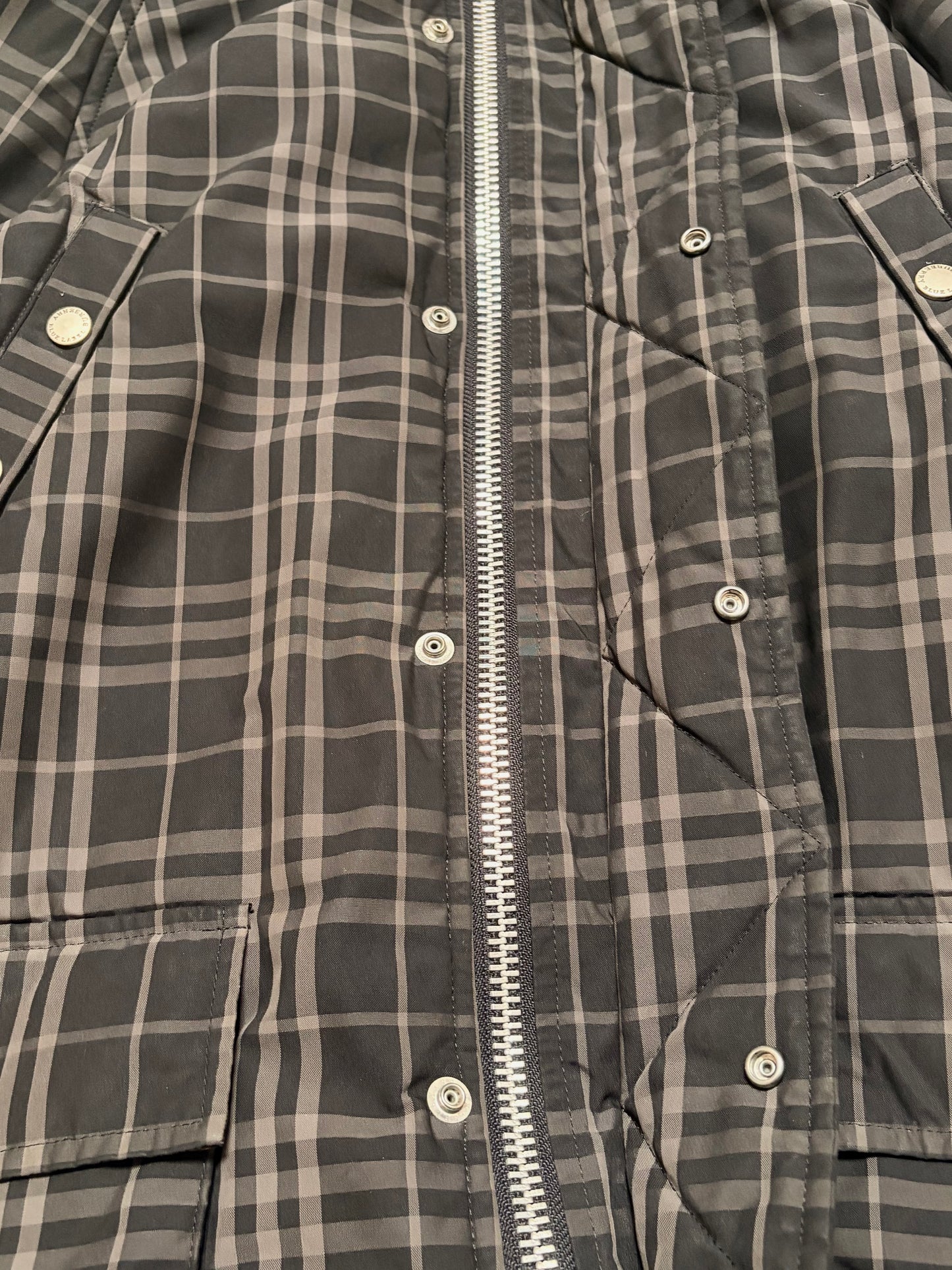 Vintage Burberry Blue Label Plaid Grey Fur Down Jacket