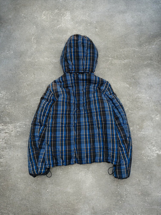 Armani Jeans Navy & Black Plaid Reversible Technical Puffer Coat