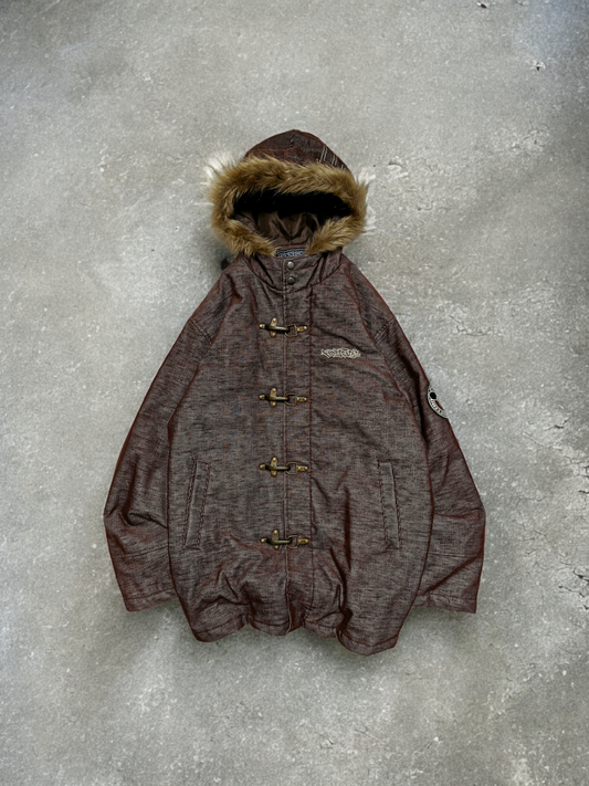 Vintage Funky Jack Fur Hood Fireman Clasp Brown Plaid Bomber Jacket