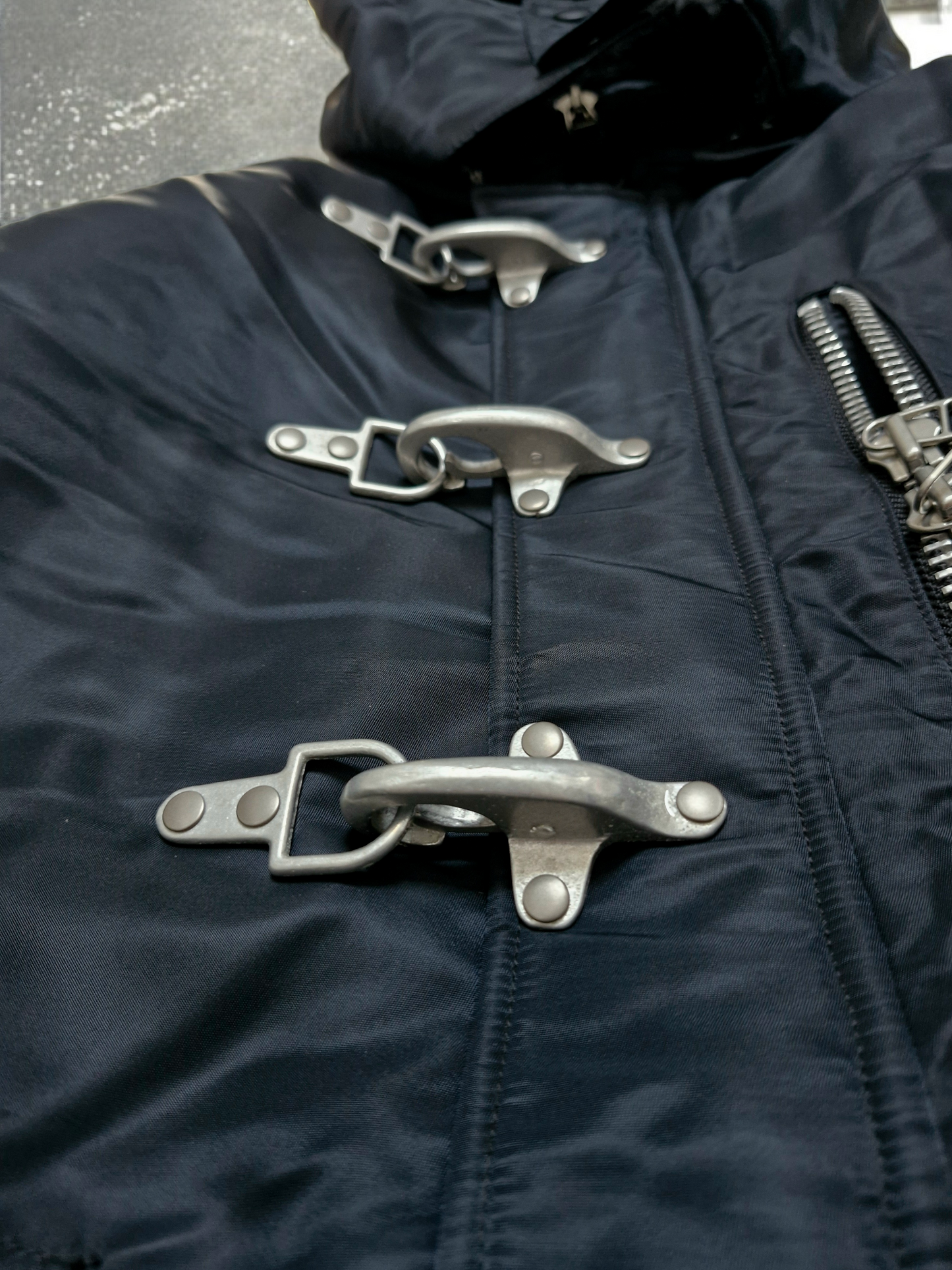 Vintage Black Fireman Metal Clasp Fur Lined Technical Quilted Bomber Jacket