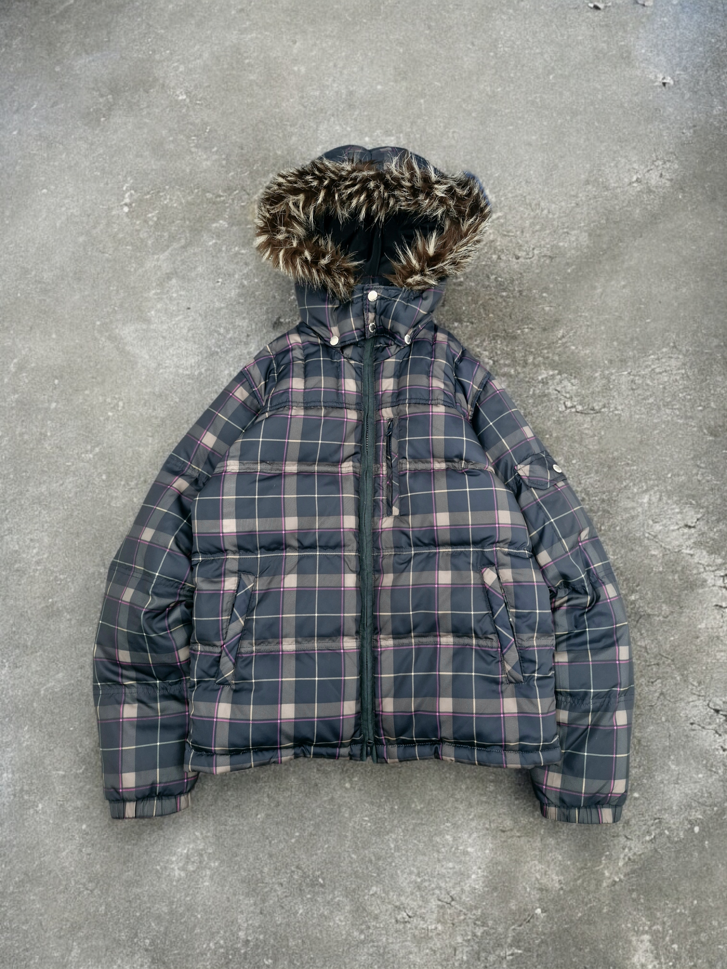 Japanese Plaid Fur Puffer Coat | Y2K