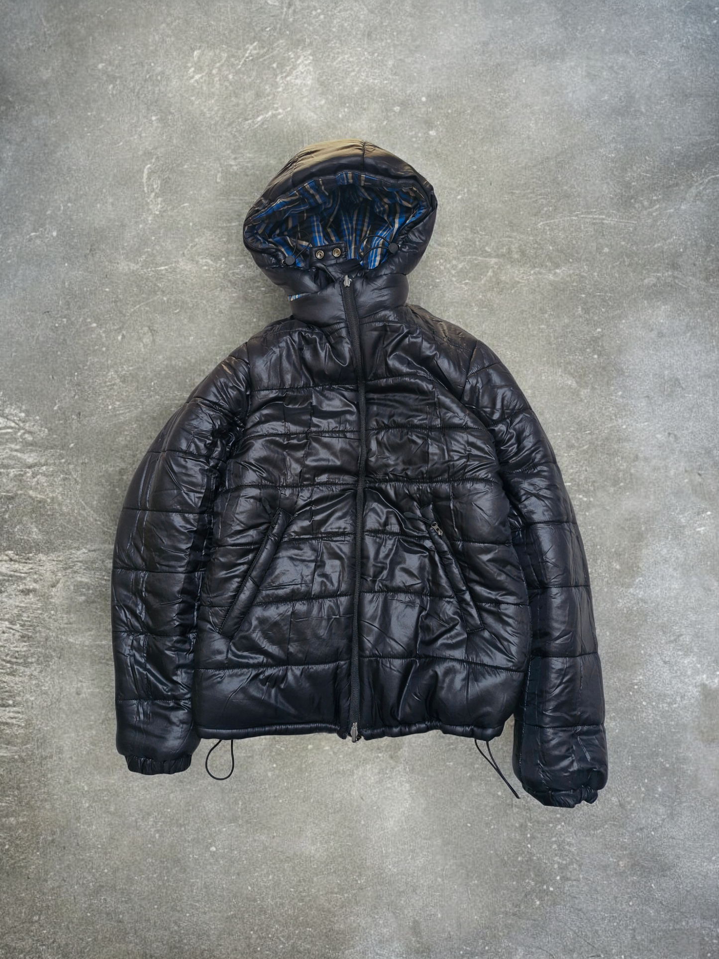 Armani Jeans Navy & Black Plaid Reversible Technical Puffer Coat