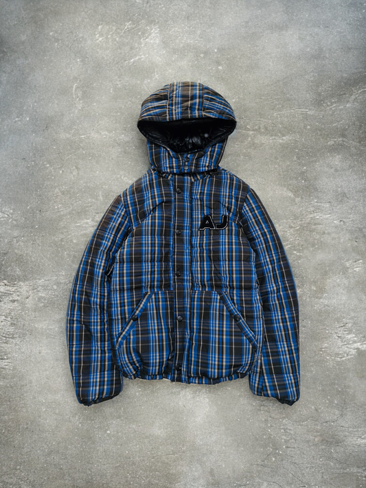 Armani Jeans Navy & Black Plaid Reversible Technical Puffer Coat