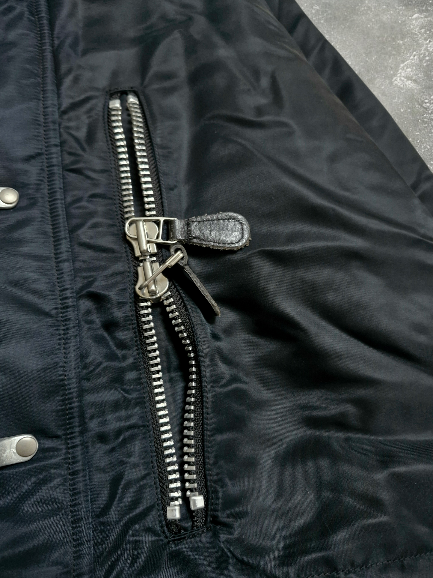 Vintage Black Fireman Metal Clasp Fur Lined Technical Quilted Bomber Jacket