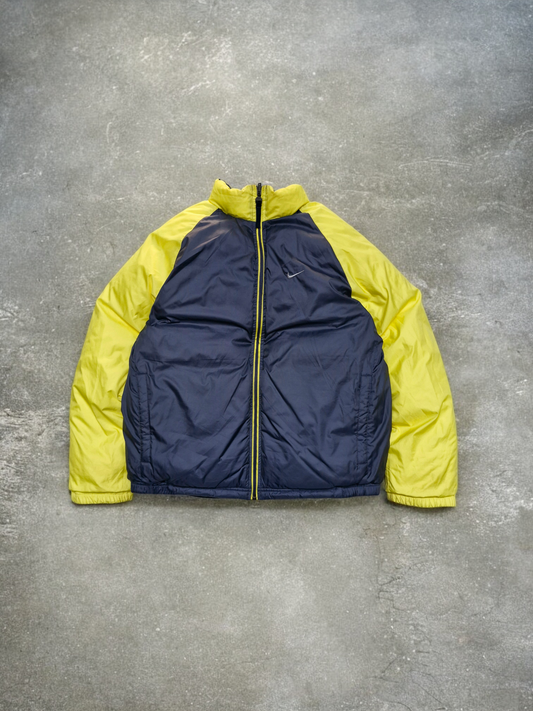 Nike Vintage Y2K Grey & Yellow Reversible Trim Lined Puffer Coat
