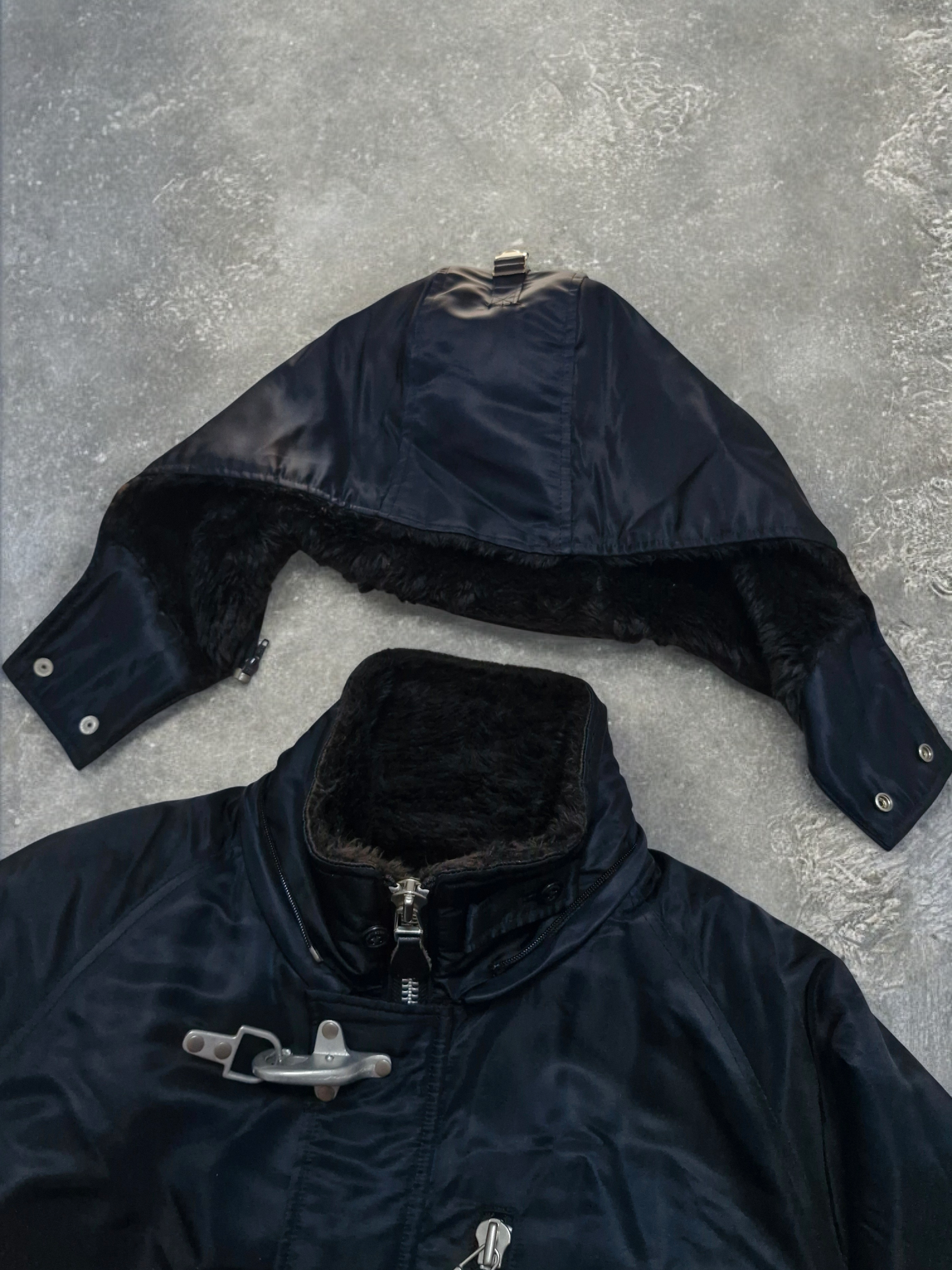 Vintage Black Fireman Metal Clasp Fur Lined Technical Quilted Bomber Jacket