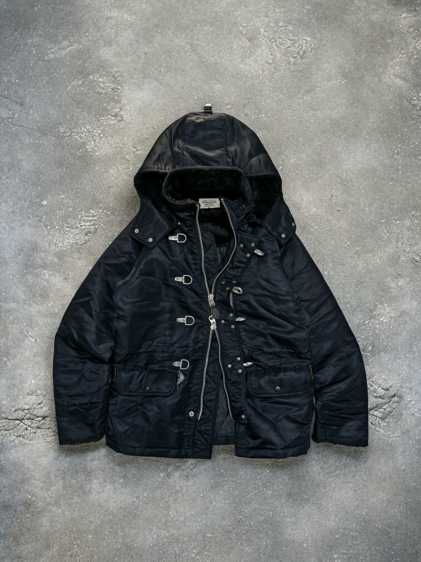 Vintage Black Fireman Metal Clasp Fur Lined Technical Quilted Bomber Jacket