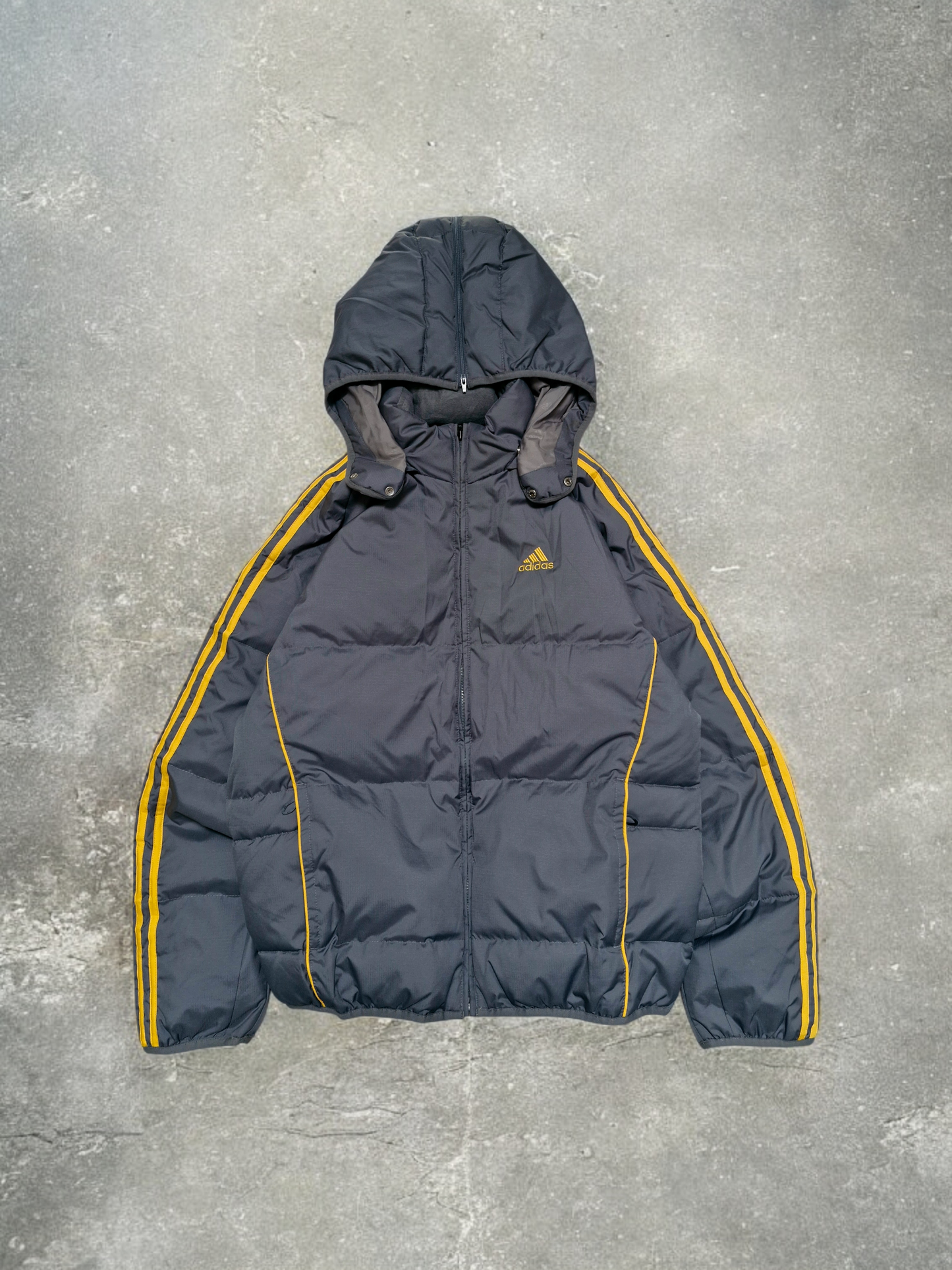 Adidas Vintage Y2K Grey & Yellow Trim Lined Technical Puffer Coat