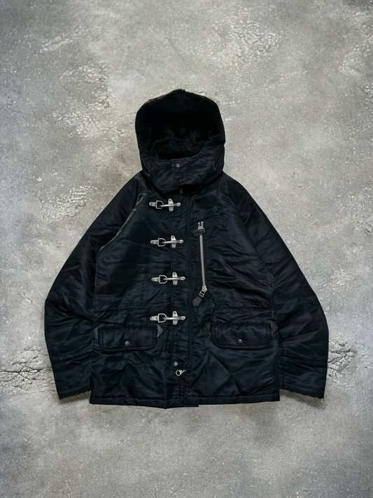 Vintage Black Fireman Metal Clasp Fur Lined Technical Quilted Bomber Jacket